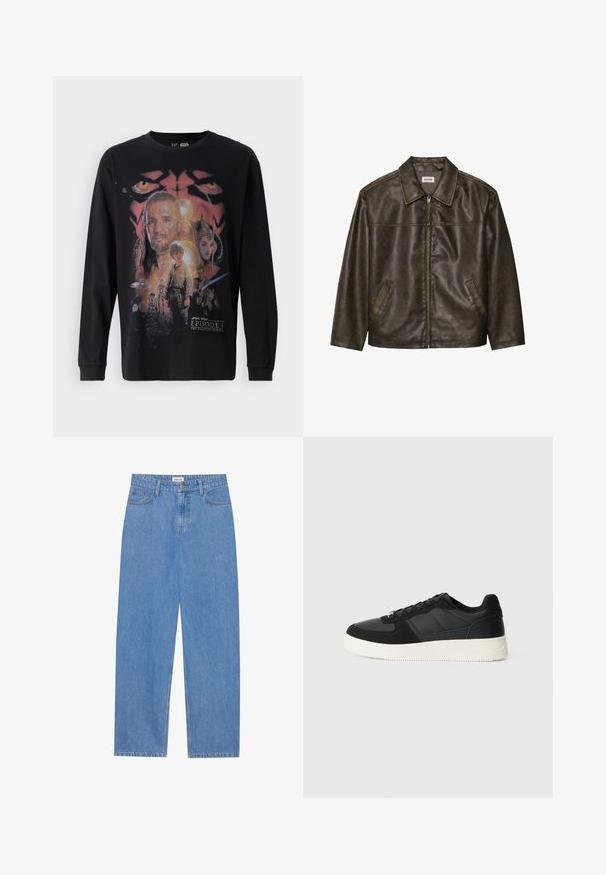 Hnědá kožená bunda s límcem, zipovým zapínáním a dvěma postranními kapsami. Hladký povrch s jemně opotřebovaným vzhledem.; Černé tričko s dlouhým rukávem s barevným grafickým potiskem z "Star Wars: Episode I - Klonové Váhy" s různými postavami a detaily.; Svetle modré džíny s rovnýma nohavicema, designem se pěti kapsami, zapínáním na jeden knoflík a jemnými detaily šití na švech.; Černé nízké tenisky s texturovanou kůží a suédovými panely, bílé gumové podrážky a černé tkaničky na jednoduchém světlém pozadí.