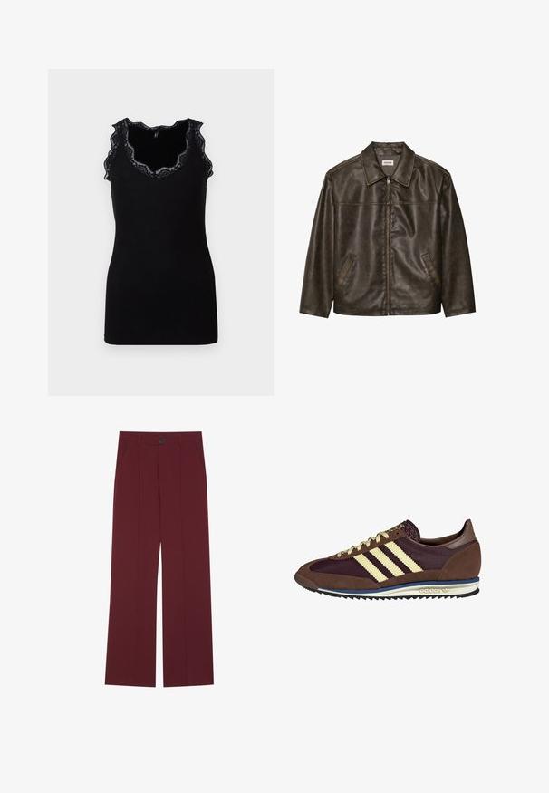 Hnedá kožená bunda s golierom, zipsom a dvoma bočnými vreckami. Hladká štruktúra s mierne opotrebovaným povrchom.; Čierny tielko s ribovanou textúrou a množstvom čipkového lemovania pozdĺž výstrihu a otvárania na ruky. Priliehavý strih, bez rukávov, jednoduchá silueta.; Burgundske nohavice s širokým strihom, s uzatváraním na gombík, dvoma bočnými vreckami a prekladaným detailom na prednej strane. Hladká textúra látky.; Hnedé a bordové tenisky z semišu a sieťoviny, s tromi krémovými pruhmi, textúrovanou tkaninou na jazyku a gumovou podrážkou.
