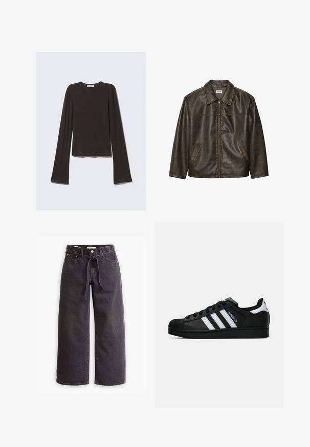 Brown leather jacket with a collar, zip closure, and two side pockets. Smooth texture with a slightly distressed finish.; Dark gray long-sleeve shirt made of soft fabric. Features a crew neckline, fitted bodice, and flared sleeves with a smooth texture.; Black wide-leg jeans made of denim, featuring a drawstring waist, five pockets, and contrast stitching details. Flat-front design.; Black Adidas Superstar sneaker with white stripes, shell toe, and "Superstar" text on side, shown in side profile on white background.