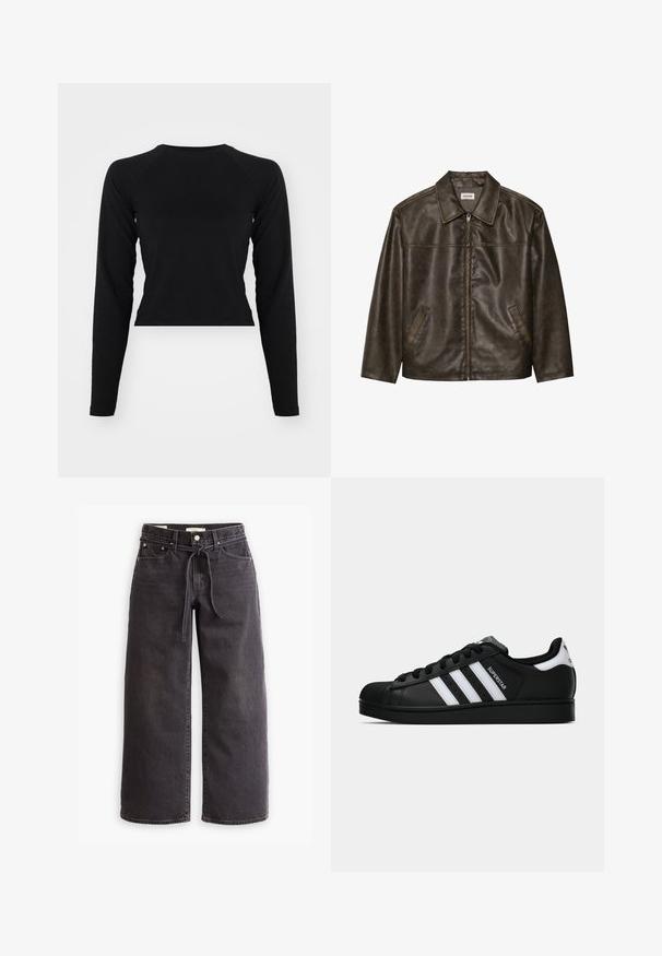 Jachetă din piele maro cu guler, închidere cu fermoar și două buzunare laterale. Textură netedă cu un finisaj ușor uzat.; Tricou scurt negru cu mâneci lungi, guler rotund și mâneci raglan. Textură netedă, design minimalist și fără modele sau accesorii vizibile.; Jeans negre cu picioare largi, din denim, cu talie ajustabilă cu șnur, cinci buzunare și detalii de cusătură în contrast. Design cu fața plată.; Tenisii Adidas Superstar negri cu dungi albe, vârf din plastic, și textul "Superstar" pe lateral, prezentati în profil lateral pe fundal alb.