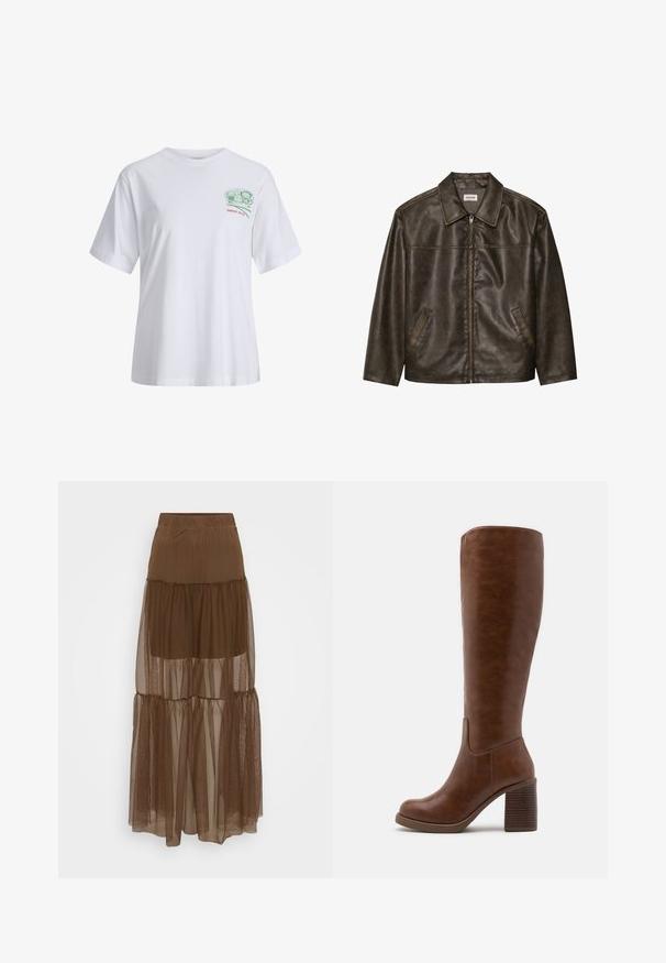 Brown leather jacket with a collar, zip closure, and two side pockets. Smooth texture with a slightly distressed finish.; White cotton t-shirt with short sleeves, relaxed fit, features a green graphic on the chest and red text "SINCE 2020" below.; Brown layered skirt with a textured mesh overlay and elastic waistband. Features three tiers of sheer fabric, providing a flowing silhouette.; Brown knee-high boots made of smooth faux leather, featuring a rounded toe, block heel with vertical grooves, and a minimalist design.