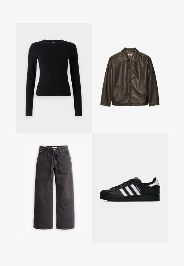 Brun läderjacka med krage, dragkedja och två sidofickor. Slät textur med en något sliten finish.; Svart långärmad topp i mjuk, lätt bomull. Åtsittande design med rund hals och rak fåll, utan synliga mönster eller accentuerande detaljer.; Svarta vida jeans gjorda av denim, med dragsko i midjan, fem fickor och kontrasterande sömnadsdetaljer. Platt framsidan design.; Svart Adidas Superstar sneaker med vita ränder, sula i skalform och "Superstar" text på sidan, visad i sidoprofil mot vit bakgrund.