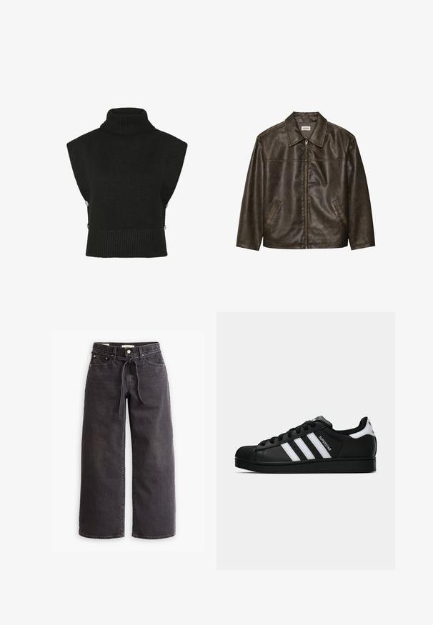 Hnedá kožená bunda s golierom, zipsom a dvoma bočnými vreckami. Hladká štruktúra s mierne opotrebovaným povrchom.; Čierny pletený bezrukávový rolák s rebrovaným lemem a plecami. Dekoratívne gombíky po stranách. Mäkko pôsobiaca textúra, minimalistický dizajn.; Čierne široké džínsy vyrobené zo denimu, s elastickým pásom na šnúrku, piatimi vreckami a kontrastným prešívaním. Rovný predný dizajn.; Čierne tenisky Adidas Superstar s bielymi pruhmi, špičkou v tvare mušle a textom "Superstar" na boku, zobrazené v bočnom profilu na bielom pozadí.