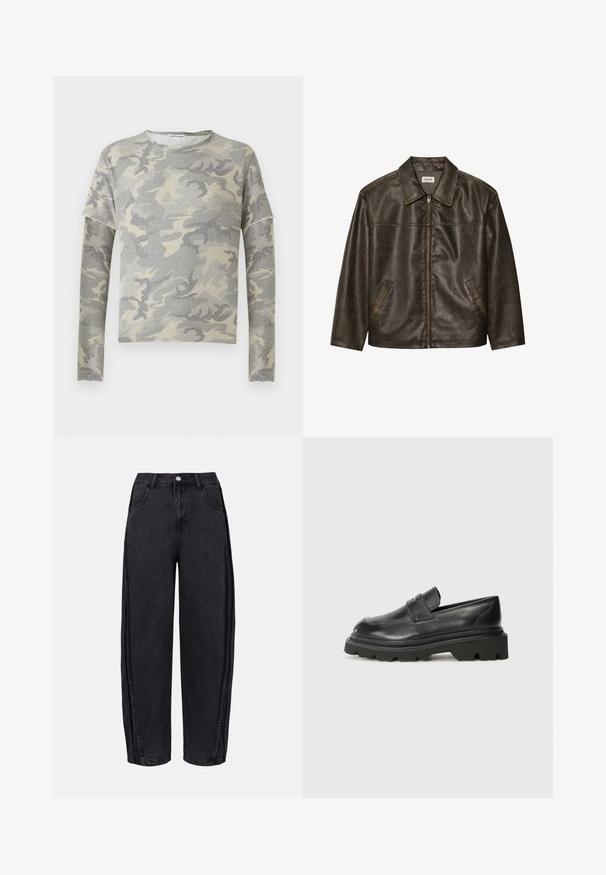 Jaqueta de couro castanho com colarinho, fecho com zíper e dois bolsos laterais. Textura suave com um acabamento ligeiramente desgastado.; Sweatshirt cinza de camuflagem com mangas longas, gola redonda e leve design de ombro caído. Feito de um tecido suave com uma textura lisa.; Calças largas pretas em denim com uma textura suave. Apresentam uma cintura alta, bolsos frontais e fecho de botão na cintura.; Mocassins de couro preto com bico arredondado, apresentando uma sola de borracha baixa e robusta com um piso padrão e um detalhe de tira dobrada no peito do pé.