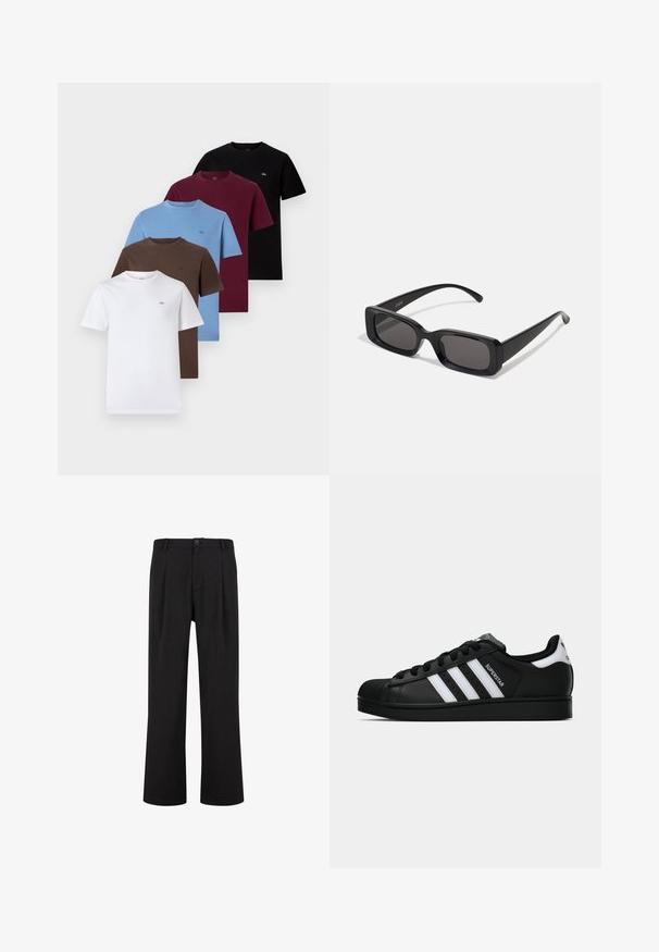 Smeđi kožni jakna s ovratnikom, zatvaranjem na patentni zatvarač i dva bočna džepa. Glatka tekstura s lagano istrošenim završetkom.; Pet majice s kratkim rukavima u bijeloj, smeđoj, plavoj, burgundijskoj i crnoj boji. Pamuk, okrugli izrezi i mali logotipi na svakoj.; Crne hlače s ravnim krojem, ravnim prednjim dijelom i pregibima. Izrađene od glatkog materijala s kopčanjem na gumbi i petljama za remen.; Crne Adidas Superstar tenisice s bijelim prugama, konusom na vrhu i natpisom "Superstar" sa strane, prikazane u bočnom profilu na bijeloj pozadini.; Crne pravokutne sunčane naočale s tamnim lećama, sjajnim završetkom, širokim drškama i masivnim okvirom. Ugraviran naziv branda na jednoj dršci.