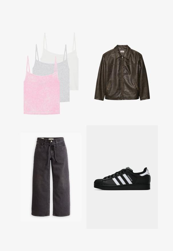 Ruskea nahkatakki, jossa on kaulus, vetoketjukiinnitys ja kaksi sivutaskua. Silkkinen pinta, jossa on hieman kulunut viimeistely.; Kolikkoyhdistelmä, johon kuuluu kolme toppia: vaaleanpunainen, harmaa ja valkoinen. Materiaalina on ribbikangas, ja niissä on ohuet olkaimet. Jokaisessa ylhäällä on pyöreä pääntie.; Mustat leveälahkeiset farkut, jotka on valmistettu denimistä, varustettu nyöri vyötäröllä, viidellä taskulla ja kontrastiväreillä koristelluilla saumoilla. Tasainen etuosa.; Musta Adidas Superstar -lenkkari, jossa on valkoiset raidat, kuorisuoja ja "Superstar"-teksti sivussa, esitetty sivuprofiilissa valkoista taustaa vasten.