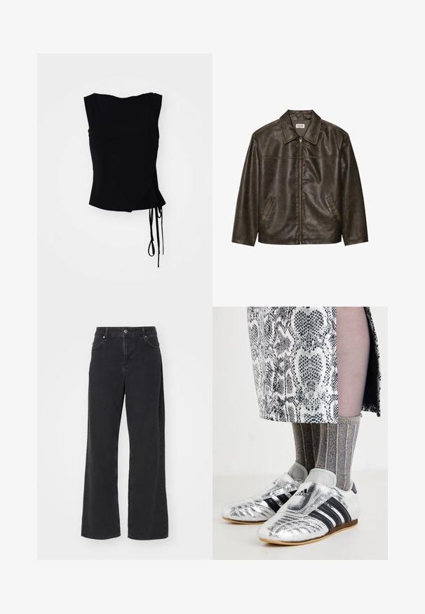 Brun läderjacka med krage, dragkedja och två sidofickor. Slät textur med en något sliten finish.; Svart ärmlös topp med ett snörningsdesign, sidofästen och slät textur. Rak slutning med en modern, minimalistisk estetik.; Svarta wide-leg jeans i denim med hög midja, femficksdesign och dragkedja framtill. Slät yta med minimala synliga sömmar.; Silverfärgade fotbollsskor med svarta ränder och en strömlinjeformad design, i kombination med texturerade grå och gyllene ribbade strumpor samt en mönstrad kjol.