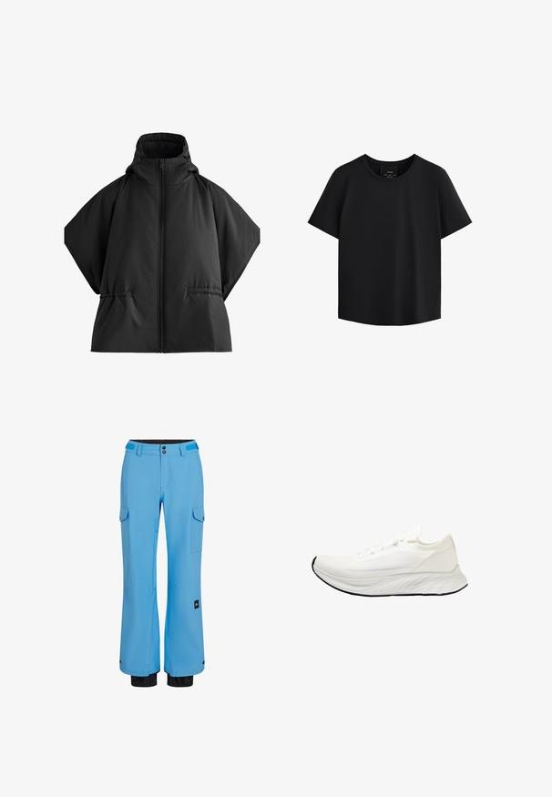 Zwarte pufferjack met een hoge kraag, grote mouwen en een centrale rits. Beschikt over zijzakken en een soepele, matte textuur.; Zwart T-shirt met korte mouwen en een ronde halslijn, vervaardigd uit gladde stof, met een rechte snit en subtiele zijkuiden voor een flatterende pasvorm.; Blauwe skibroek met een rechte snit, gemaakt van waterdicht materiaal. Voorzien van cargozakken en elastische manchetten met zwarte accenten.; Witte hardloopschoen met een bovenwerk van mesh, lichtgewicht ontwerp, soepele afgeronde zool en zwarte rubberen outsole. Bevat platte veters en minimale accenten.