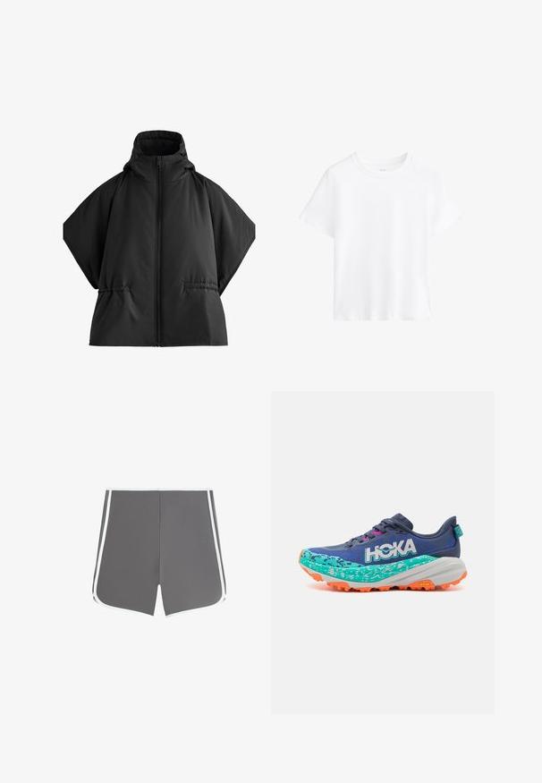 Černá prošívaná bunda s vysokým límcem, velkými rukávy a centrálním zipem. Obsahuje boční kapsy a hladký, matný povrch.; Bílé bavlněné tričko, krátké rukávy, kulatý výstřih, uvolněný střih, hladká textura, bez vzorů nebo akcentů, jednoduchý design, univerzální styl.; Šedé plavkové šortky s bílými bočními panely, s jednoduchým, moderním designem a pohodlným střihem, vhodné pro vodní aktivity.; HOKA SPEEDGOAT 6 - Běžecké boty do terénu - varsity blue/meteor