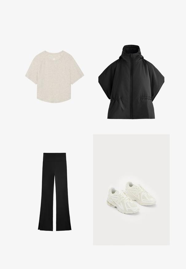 Black puffer jacket with a high collar, large sleeves, and central zipper. Features side pockets and a smooth, matte texture.; Light beige cropped t-shirt made of soft fabric, featuring a round neckline, short raglan sleeves, and a small logo on the chest.; Black pants with a wide-leg design, featuring a high waistband and side slits for ease of movement. Made from a smooth, stretchy fabric.; White athletic shoes with mesh and synthetic materials, lace-up design, padded collar, and textured sole for grip. Lightweight construction.