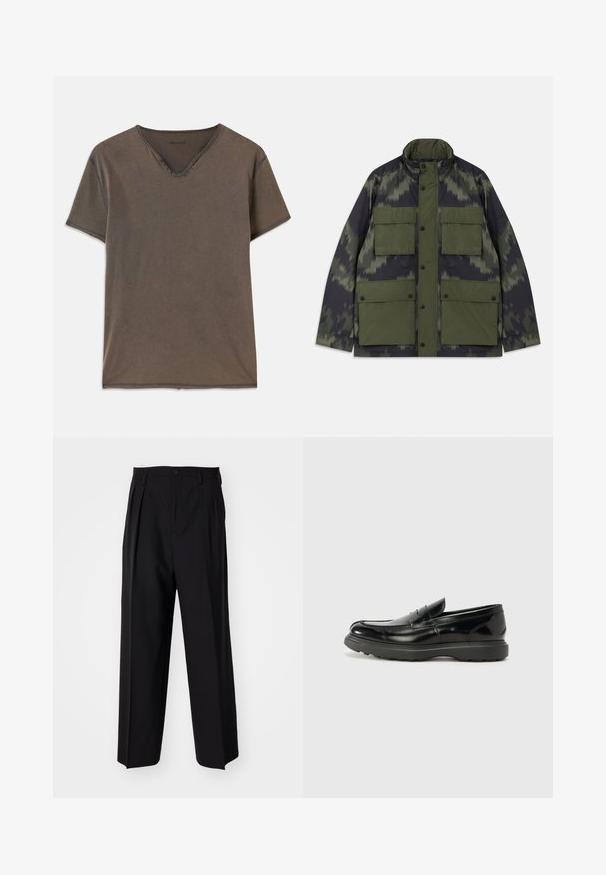 Takki, jossa on camo-kuvio, korkea kaulus, useita suuria etutaskuja ja nappikiinnitys, valmistettu vettä hylkivästä materiaalista.; Ruskea lyhythihainen t-paita, jossa on V-pääntie, neljä koristeellista nappia kauluksen lähellä ja kontrastiväriset ompeleet reunoissa.; Mustat laskostetut housut, joissa on suora, leveä lahje. Valmistettu sileästä kankaasta, jossa on nappisuljenta ja vyölenkit.; Mustat nahkakengät, joissa on kiiltävä pinta, pyöreä kärki, huomaamaton ompelu ja paksu kumipohja kestävyyttä varten.