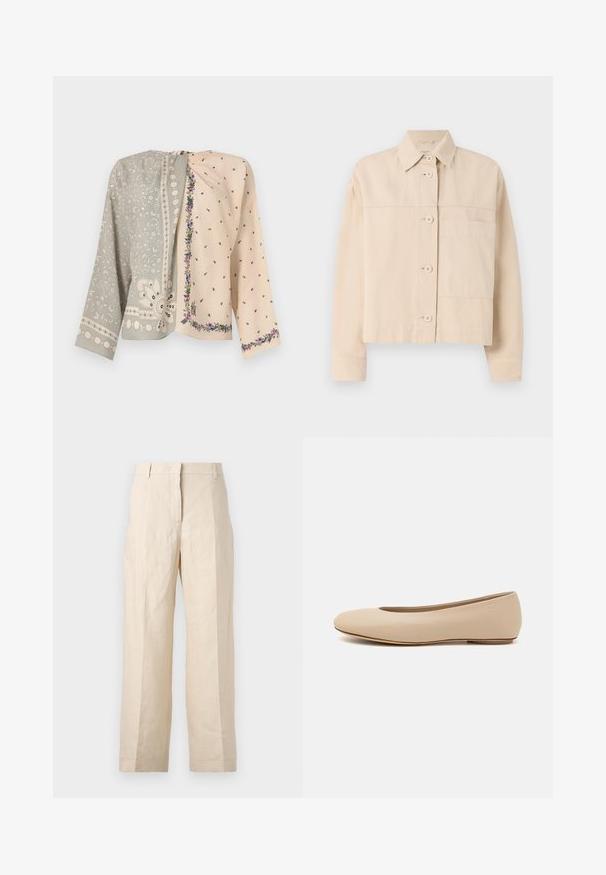 Beige, kurz geschnittene Jacke aus strapazierfähigem Stoff, mit Knopfverschluss, spitzem Kragen und einer einzigen Brusttasche. Glatte Textur.; Zweifarbige Jacke: eine Seite in Grau mit floralen Stickereien und Perlenakzenten, die andere in Creme mit kleinen Blumenmustern und einer Bordüre.; Beige Leinenhosen mit einer lockeren Passform, gefältelter Vorderseite und geraden Beinen. Besitzt einen Bund mit Gürtelschlaufen und keine sichtbaren Taschen.; Beige Leder-Ballerina mit runder Zehenform, minimaler Nahtgestaltung, niedrigem Absatz und dezentem Logo auf der Rückseite. Glatte, matten Oberfläche.