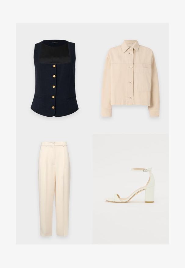 Giacca corta beige realizzata in un tessuto resistente, con chiusura a bottoni, colletto a punta e una singola tasca sul petto. Tessuto liscio.; rag & bone MARIANA TEXTURED - Top - navy; Pantaloni beige su misura con vestibilità dritta, caratterizzati da pieghe davanti, una texture liscia e vita a media altezza. Senza tasche visibili.; Sandal con tacco cubano bianco in pelle, caratterizzata da una cinghia alla caviglia con fibbia e design minimalista. Punta aperta e texture liscia in tutto il sandalo.