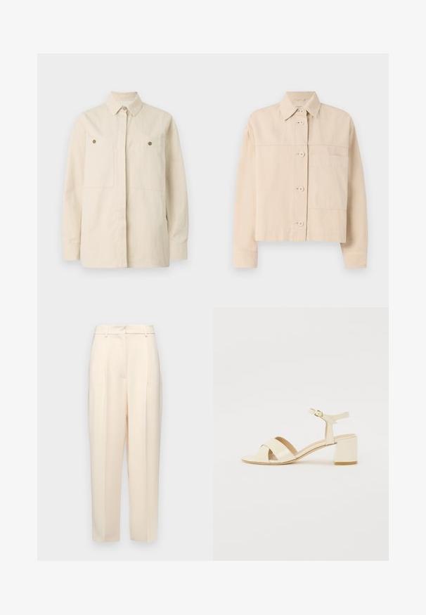 Beige színű, rövidített dzseki tartós anyagból, gombos záródással, hegyes gallérral és egyetlen mellzsebbel. Simább textúrával.; Beige gombos ing, pamutból készült, hegyes gallérral, két elülső zsebbel és barna gombos részletekkel. Hosszú ujjú, gombos mandzsettával.; Beige, egyenes szabású testre szabott nadrág, elöl plisszírozással, sima textúrával és közepes derékkal. Nincsenek látható zsebek.; Beige lakkbőr magassarkú szandál, kereszttartós kialakítással, nyitott orral, állítható bokapánttal és tömbsarokkal. Sima textúrával.