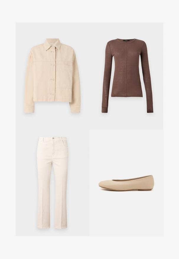 Beige kort jacka i slitstark tyg, med knappstängning, spetsig krage och en bröstficka. Slät textur.; Brun långärmad topp i lätt, slätt tyg. Har en rund halsringning och subtil detalj med frammen söm.; Beige utsvängda jeans i bomull med hög midja, fem fickor, knäppning med knapp och subtila sömnadsdetaljer.; Beige läderballetskor med rund tå, minimal sömnadsdetaljering, låg klack och diskret logotyp på baksidan. Slät, matt yta.