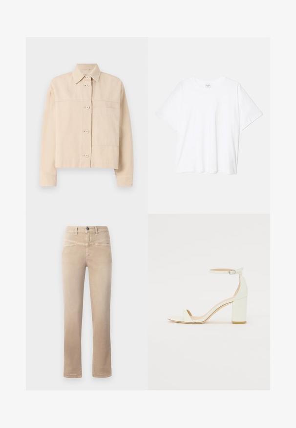Béžová croptop bunda vyrobená z odolné tkaniny, s knoflíkovým zapínáním, špicatým límcem a jednou náprsní kapsou. Hladký povrch.; Bílý bavlněný tričko s krátkým rukávem, kulatým výstřihem, volným střihem a šitým lemem. Nálepka viditelná na vnitřní straně výstřihu.; Bežové džíny s rovnými nohavicemi vyrobené z měkké tkaniny, s předním zapínáním na knoflík, dvěma předními kapsami a jemnými švy.; Bílé kožené sandály na blokovém podpatku s ankle strapem a přezkou, minimalistický design. Otevřená špička a hladké textura po celém povrchu.