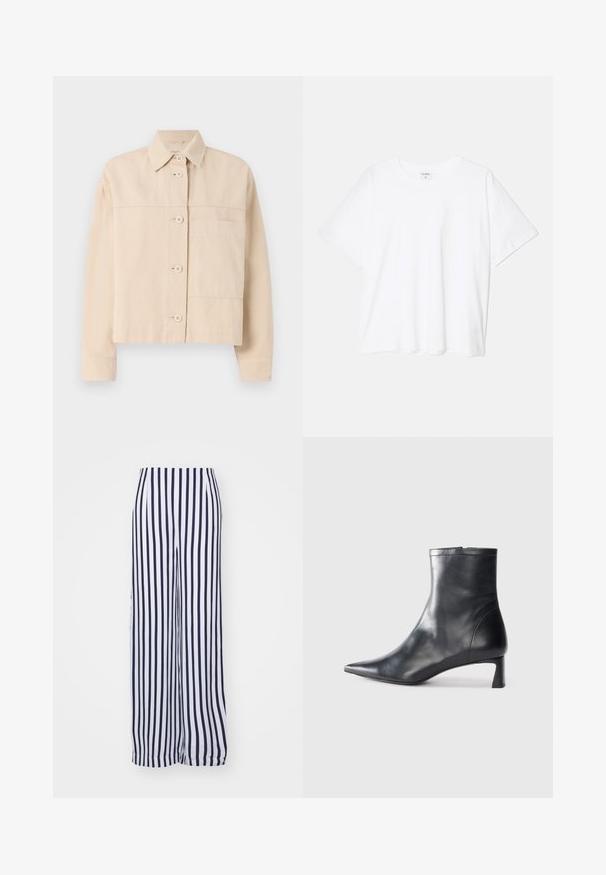 Beige cropped jacket made of durable fabric, featuring a button closure, pointed collar, and a single chest pocket. Smooth texture.; White cotton t-shirt with short sleeves, round neckline, relaxed fit, and stitched hem. Label visible on the inside neck.; Wide-leg trousers in white and navy vertical stripes. Made of lightweight fabric with a smooth texture and an elastic waistband.; Black leather ankle boot with a pointed toe and a sleek design. Features a low heel and a zipper closure at the back. Smooth texture.