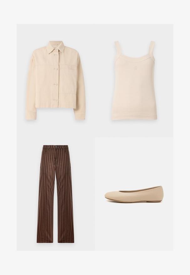 Smėlinis trumpas švarkas, pagamintas iš patvarios medžiagos, su mygtukų uždarymu, smailiu apykakle ir viena krūtinės kišene. Lygus paviršius.; Bežinė raukšlėta maikutė su plonomis petnešomis ir apvaliu kaklu. Priekyje yra siuvinėtas logotipas. Lygus audinys, prigludęs dizainas.; Rudos dryžuoti plačios kojų kelnės, pagamintos iš lygaus audinio, su sagų uždarymu, dviem priekinėmis kišenėmis ir vertikaliomis kreminėmis juostelėmis.; Šviesiai ruda odinė baleto bateliai su apvaliu galiuku, minimaliais siūlių detalėmis, žemu kulnu ir subtiliu logotipu gale. Lygi, matinė tekstūra.