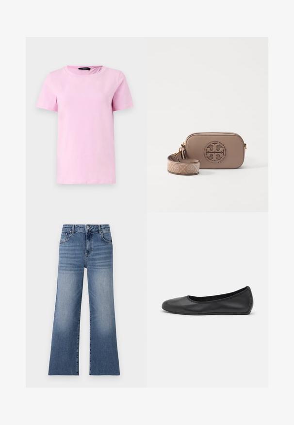 Beige kort jakke laget av slitesterkt stoff, med knappelukking, spiss krage og en enkel brystlomme. Glatt tekstur.; Kort rosa bomulls T-skjorte med rund hals og korte ermer, med en glatt tekstur og et enkelt design uten synlige mønstre.; Lyseblå denim vid ben jeans med høy midje, som har frontlommer, knappeåpning og et falmet mønster på beina.; Svart skinnballettflatt med rund tå, glatt tekstur, minimal sømdetalj, og et fleksibelt såledesign.; Brun lær crossbody-veske med teksturert finish, sirkulært logodetalj, og en justerbar stropp med et logomønster.