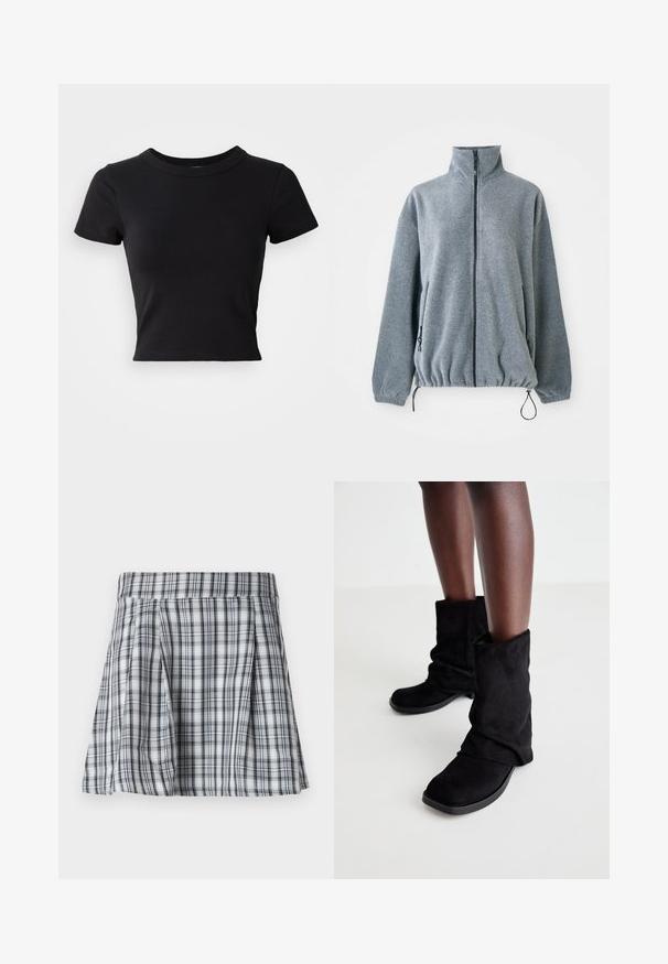 Jachetă din fleece de culoare gri deschis, cu guler înalt, fermoar frontal complet, buzunare laterale cu fermoar, manșete elastice și șnururi ajustabile la hem.; Tricou scurt negru din bumbac solid, cu mâneci scurte și decolteu rotund, având un design simplu și neted.; Fustă mini în carouri, gri și alb, cu pliseuri și un brâu. Fabricată dintr-un material ușor, cu dungi verticale și orizontale.; Botine din suede negru cu un design lejer, având o talpă plată și vârful pătrat, expuse pe picioare închise la culoare pe un fundal deschis.