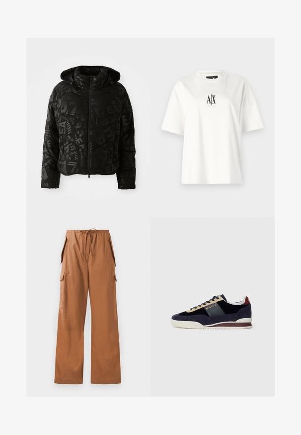 Sort pufferjakke med hætte, fuld frontlynlås og et subtilt mønster med bogstaver og geometriske former.; Hvid bomulds t-shirt med korte ærmer, en afslappet pasform og et sort logo-print i midten foran. Glat tekstur, ingen yderligere mønstre.; Brune bred-bens cargo bukser lavet af letvægtsstof, med en elastisk talje med snøre og sidelommer.; Mørkeblå ruskinds-sneakers med beige og mørkeblå accenter. Har en hvid gummisål og gyldent branding på siden. Klassisk atletisk design.