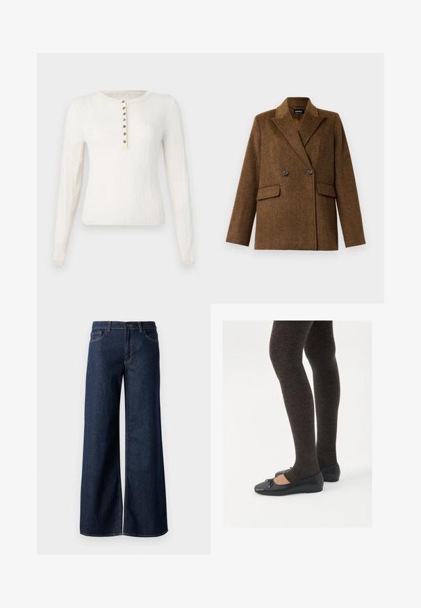 Pruun kahepoolne villane bleiser laiade klappidega, kahe esise fanaaniga taskuga ja nööbiga kinnitamine, esitatud ühel lihtsal valgel taustal.; Kreemivärviline pika varrukaga kampsun, millel on soonikkoes, ümar kaelus ja seitse dekoratiivset nuppu ees.; Laiad teksad tumesinises denimis. Omab kontrastõmblusi, viit taskut ja nupukinnitust vööl. Sile tekstuur.; Mustad mustad kingad väikese teksaga varvaste juures, koos tumedate pruunide ribakangastega. Kingadel on sile tekstuur ja madal profiil.