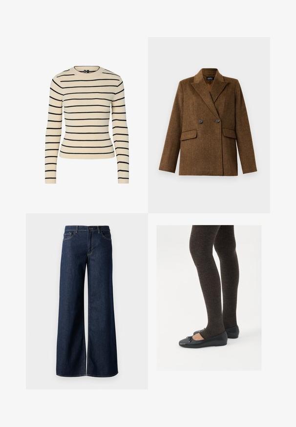 Blazer de lã castanho, de dois botões, com lapelas largas, duas bolsas frontais com aba e fecho de botão, exibido sobre um fundo branco liso.; Sweater creme canelado com riscas horizontais pretas, decote redondo e mangas longas. Apresenta um design justo e textura sem costuras.; Jeans de perna larga em denim azul escuro. Apresenta costura em contraste, cinco bolsos e um fecho de botão na cintura. Textura lisa.; Sapatos planos pretos com um pequeno laço na ponta, emparelhados com meias-calças caneladas castanhas escuras. Os sapatos têm uma textura suave e um design discretamente baixo.