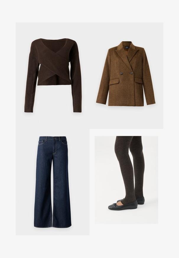 Blazer de lã castanho, de dois botões, com lapelas largas, duas bolsas frontais com aba e fecho de botão, exibido sobre um fundo branco liso.; Pulôver castanho cropped feito de material suave, apresentando um decote em V profundo, mangas longas e um design sobreposto na parte da frente.; Jeans de perna larga em denim azul escuro. Apresenta costura em contraste, cinco bolsos e um fecho de botão na cintura. Textura lisa.; Sapatos planos pretos com um pequeno laço na ponta, emparelhados com meias-calças caneladas castanhas escuras. Os sapatos têm uma textura suave e um design discretamente baixo.