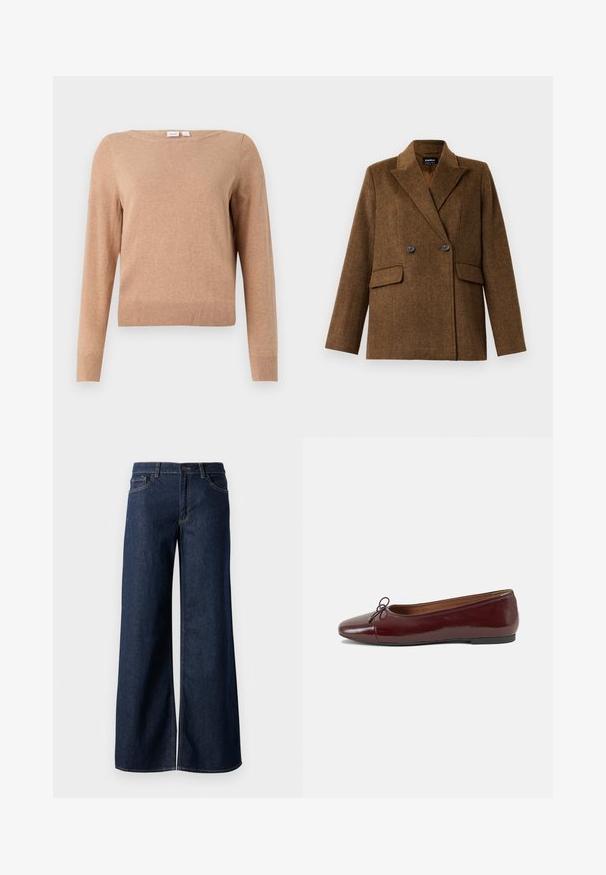 Hnědý dvouřadý vlněný blazer se širokými klopami, dvěma předními kapsami s klopou a zapínáním na knoflík, vystavený na jednobarevném bílém pozadí.; Beige svetr s dlouhým rukávem a kulatým výstřihem, s žebrovaným lemem a manžetami, vystavený na světlém jednobarevném pozadí.; Džínsy s širokými nohavicemi v tmavě modré barvě. Mají kontrastní švy, pět kapes a zapínání na knoflík v pase. Hladká textura.; Burgundské lakové baleríny s kulatou špičkou, malou mašlí vpředu a nízkou černou gumovou podrážkou. Hladký povrch.