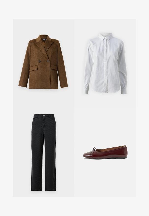Brūns divrindu vilnas žakets ar plašām atlokām, divām priekšējām kabatām ar flap un pogu aizdari, izstādīts uz vienkārša balta fona.; Balta pogājamā krekla augšdaļa, izgatavota no gluda kokvilnas, ar klasisku apkakli, garām piedurknēm un izliekto apakšmalu. Pogas ir mazas un baltas.; Melni teksturēti platākā piegriezuma džinsi ar priekšējiem kabatām un pogu aizdari uz vienkrāsaina fona.; Burgundijas laku ādas baleta kurpes ar noapaļotu purngalu, nelielu loku akcentu priekšā un zemu melnu gumijas zoli. Gluda tekstūra.
