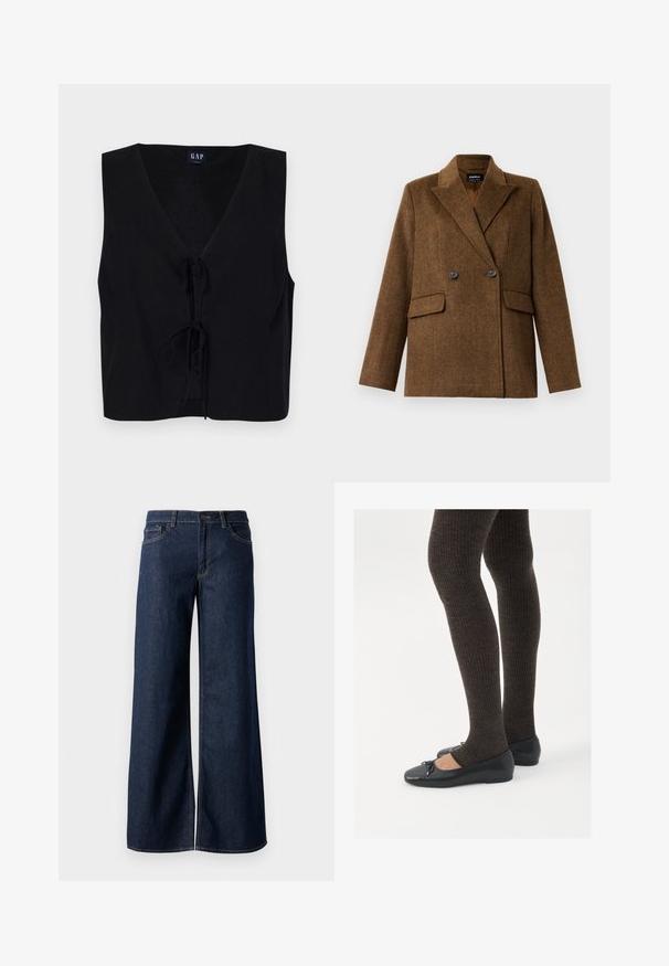 Smeđi dvoredni vuneni sako sa širokim reverima, dva prednja džepa s preklopom i dugmetom, prikazan na jednostavnoj bijeloj pozadini.; Crna bezrukavna majica s dekolteom u obliku slova V, s prednjim vezivanjem. Napravljena od glatkog materijala s teksturiranom završnom obradom. Jednostavan dizajn.; Crna majica dugih rukava, uskog kroja s kvadratnim izrezom, označena s GAP, prikazana na bijeloj pozadini.; Široke traperice u tamnoplavoj denim boji. Sadrže kontrastno šivanje, pet džepova i kopčanje na dugme u struku. Glatka tekstura.; Crne ravne cipele s malim mašnom na vrhu prstiju, uparene s tamnosmešnim rebrovanim čarapama. Cipele imaju glatku teksturu i nizak profil.