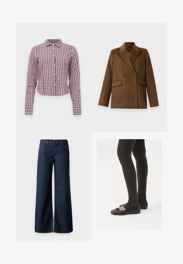 Hnědý dvouřadý vlněný blazer se širokými klopami, dvěma předními kapsami s klopou a zapínáním na knoflík, vystavený na jednobarevném bílém pozadí.; Košile s dlouhým rukávem v růžovo-fialové kostkované vzoru. Má límec, zakřivený lem a měkkou texturu látky.; Džínsy s širokými nohavicemi v tmavě modré barvě. Mají kontrastní švy, pět kapes a zapínání na knoflík v pase. Hladká textura.; Černé ploché boty s malou mašlí na špičce, kombinované s tmavě hnědými žebrovanými punčochami. Boty mají hladký povrch a nízký profil.