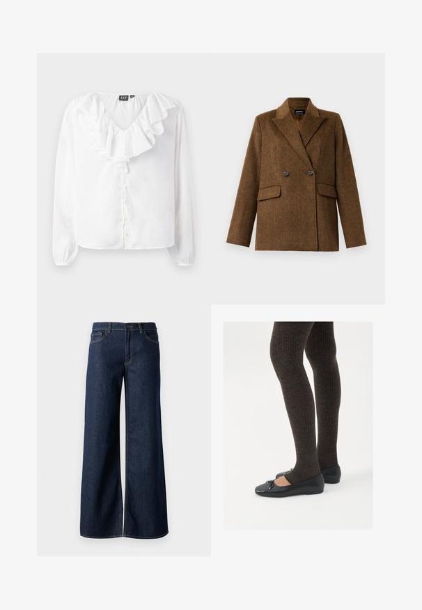 Brauner doppelt knöpferner Wollblazer mit breiten Revers, zwei vorderen Klappentaschen und Knopfverschluss, auf einem schlichten weißen Hintergrund präsentiert.; Weiße Bluse mit langen Ärmeln und V-Ausschnitt, mit gerafftem Vorderteil, Perlenknöpfen und einer lockeren Passform, hergestellt aus leichtem Stoff.; Weite Jeans in dunkelblauem Denim. Merkmale sind kontrastierende Nähte, fünf Taschen und ein Knopfverschluss an der Taille. Glatte Textur.; Schwarze flache Schuhe mit einem kleinen Schleifendetail an der Zehe, kombiniert mit dunkelbraunen gerippten Strumpfhosen. Die Schuhe haben eine glatte Textur und ein niedriges Profil.