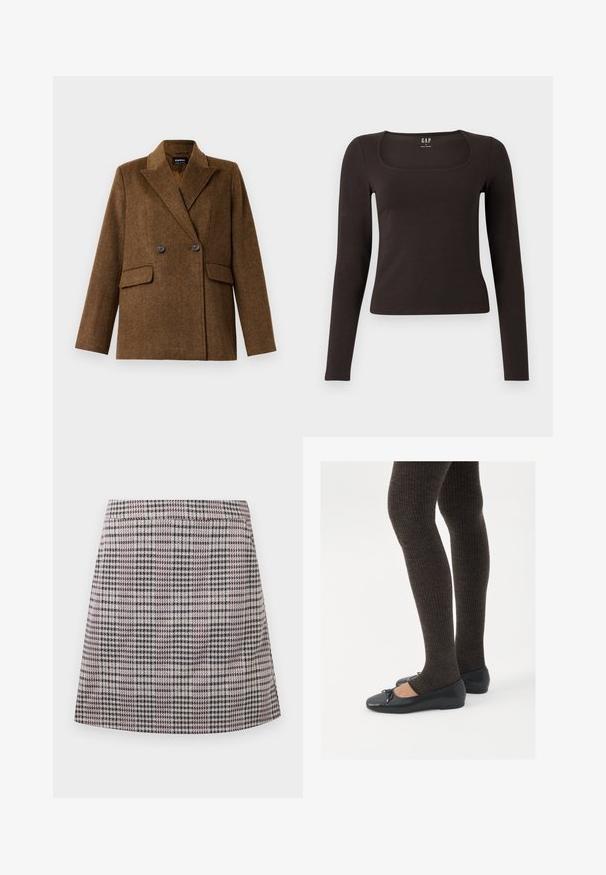 Brūns divrindu vilnas žakets ar plašām atlokām, divām priekšējām kabatām ar flap un pogu aizdari, izstādīts uz vienkārša balta fona.; Melnas garās piedurknes, pieguļošs tops ar kvadrātveida apkakli, ar uzrakstu GAP, novietots uz baltā fona.; Mazas svārku svītrainā dizainā purpura, melnā un baltā krāsā, ar elastīgu jostu un taisnu griezumu, kam piemīt gluda tekstūra.; Melnas plakano formas kurpes ar mazu loku uz pirksta, apvienotas ar tumši brūnām ribotām zeķubiksēm. Kurpēm ir gluda tekstūra un zems profils.