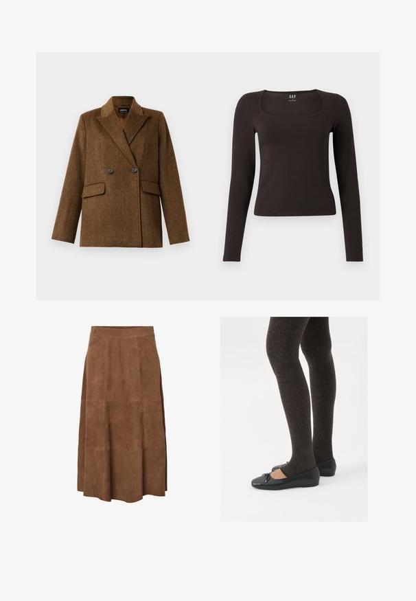 Brun dobbeltradet ullblazer med brede reversible slag, to frontlommer med klaff og knappelukking, vist på en ensfarget hvit bakgrunn.; Svart langermet, tett topp med firkantet hals, merket GAP, vist på en hvit bakgrunn.; Brun suedette A-linje midi-skirt med panelsting og en tettsittende livlinje.; Sorte flate sko med en liten sløyfedetalj på tåen, kombinert med mørkebrune ribbede strømpebukser. Skoene har en glatt overflate og lav profil.