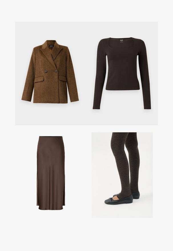 Blazer de lã castanho, de dois botões, com lapelas largas, duas bolsas frontais com aba e fecho de botão, exibido sobre um fundo branco liso.; Top preto de mangas longas, ajustado, com decote quadrado, da marca GAP, exibido sobre um fundo branco.; Saia de cetim castanha com um design reto, apresentando fendas laterais para facilitar o movimento e uma textura suave ao longo do tecido.; Sapatos planos pretos com um pequeno laço na ponta, emparelhados com meias-calças caneladas castanhas escuras. Os sapatos têm uma textura suave e um design discretamente baixo.