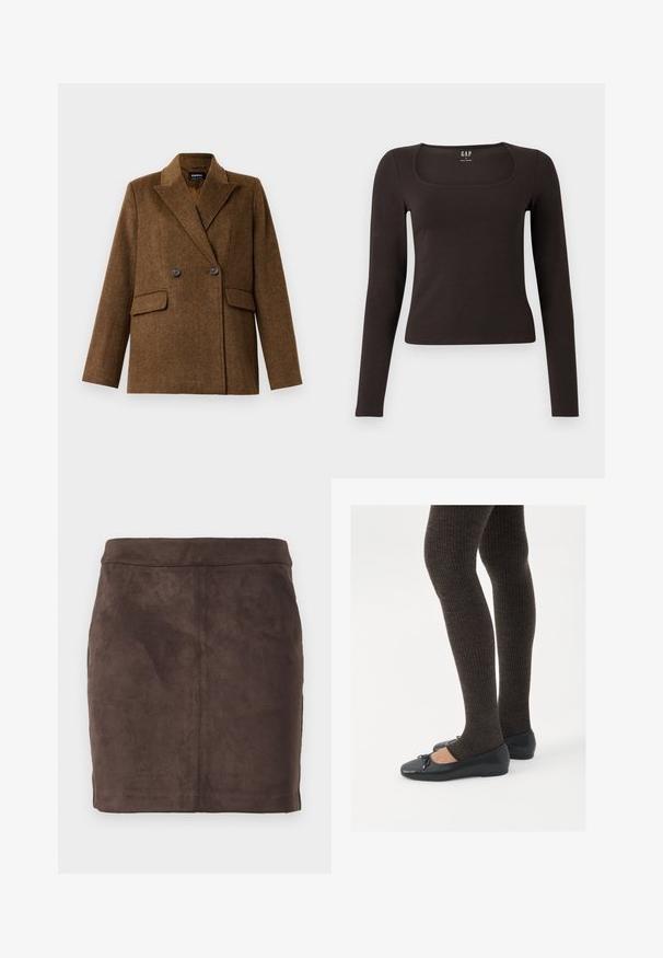 Pruun kahepoolne villane bleiser laiade klappidega, kahe esise fanaaniga taskuga ja nööbiga kinnitamine, esitatud ühel lihtsal valgel taustal.; Must musta, sobiv ülikond, neljakandiline kaelus, sildiga GAP, valge tausta peal.; Pruuni nahast mini seelik sujuva tekstuuriga, kitseneva disainiga ja lame vöökoht, kus on vertikaalsed õmblused struktuuri jaoks.; Mustad mustad kingad väikese teksaga varvaste juures, koos tumedate pruunide ribakangastega. Kingadel on sile tekstuur ja madal profiil.