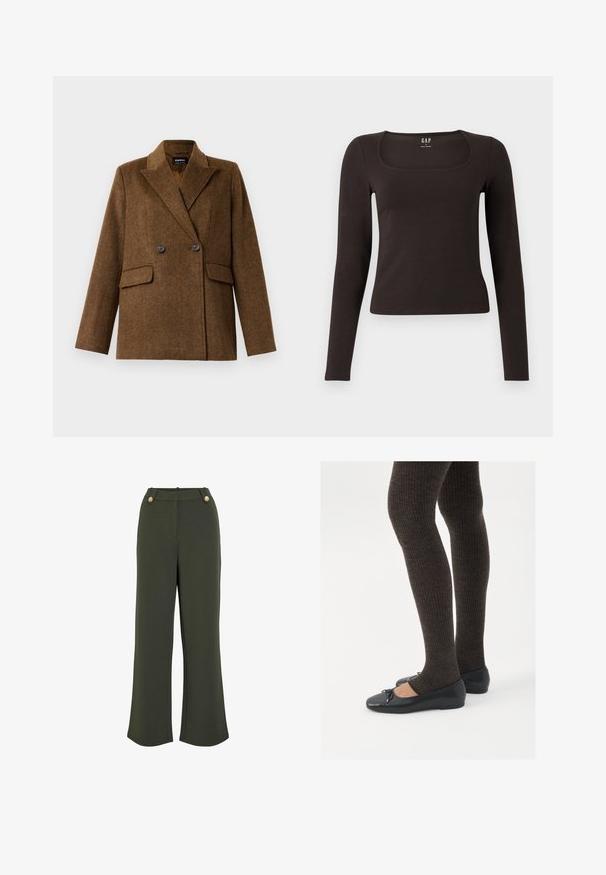 Blazer en laine marron à double boutonnage, avec larges revers, deux poches avant à rabat et fermeture à bouton, présenté sur un fond blanc uni.; Haut noir à manches longues, ajusté, avec un décolleté carré, étiqueté GAP, affiché sur un fond blanc.; Pantalons larges vert olive avec une texture lisse, dotés de deux boutons dorés à la taille et d'une silhouette épurée et bien ajustée.; Chaussures plates noires avec un petit nœud au niveau des orteils, associées à des collants côtelés marron foncé. Les chaussures ont une texture lisse et un profil bas.