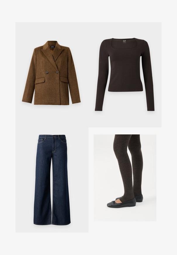 Barna, dupla gombolású gyapjú blézer széles hajtókákkal, két elülső zsebfedéllel és gombos zárással, egy sima fehér háttérrel bemutatva.; Fekete, hosszú ujjú, elasztikus felső négyzet alakú dekoltázzsal, GAP felirattal, fehér háttér előtt bemutatva.; Sötét kék farmer széles lábú nadrág. Kontrasztos varrással, öt zsebhálóval és gombos derékzárással rendelkezik. Simás textúra.; Fekete lapos cipők kis masni díszítéssel az orrán, sötétbarna bordázott harisnyával párosítva. A cipők sima textúrával és alacsony profilúak.