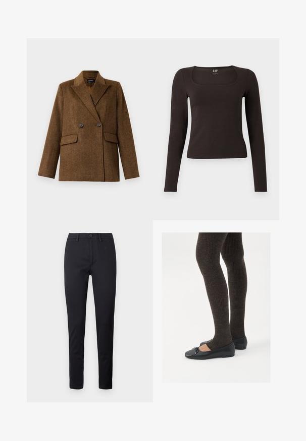 Rudas dvigubas vilnonis švarkas su plačiomis atlapinėmis, dviem priekinėmis kišenėmis su sagtimis, eksponuojamas ant paprasto balto fono.; Juoda ilgomis rankovėmis, prigludusi bluzonėlė su kvadratine iškirpte, žymėta GAP, rodoma baltame fone.; Juodos kelnės iš lygios medžiagos, su įprastu juosmeniu, priekiniu kišenėmis ir siaurėjančiomis kojomis. Matomų raštų ar akcentų nėra.; Juodos plokščios bateliai su maža kaspinėlio detale prie pirštų, derinami su tamsiai rudos spalvos raukšlėtomis pėdkelnėmis. Bateliai turi lygų paviršių ir žemą profilį.