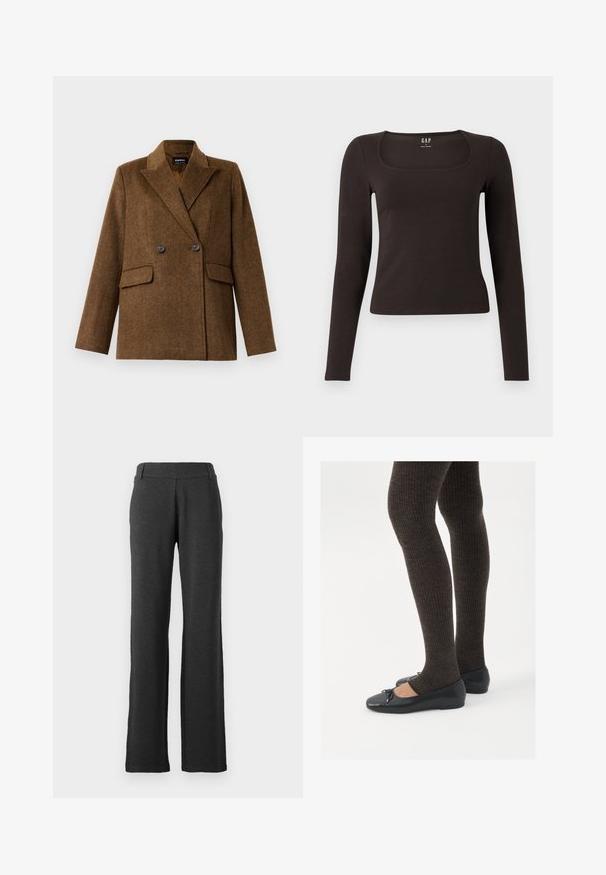 Smeđi dvoredni vuneni sako sa širokim reverima, dva prednja džepa s preklopom i dugmetom, prikazan na jednostavnoj bijeloj pozadini.; Crna majica dugih rukava, uskog kroja s kvadratnim izrezom, označena s GAP, prikazana na bijeloj pozadini.; Tamno sivi hlače ravnog kroja izrađene od mekanog materijala. Imaju glatki pojas i bez vidljivih uzoraka ili akcente.; Crne ravne cipele s malim mašnom na vrhu prstiju, uparene s tamnosmešnim rebrovanim čarapama. Cipele imaju glatku teksturu i nizak profil.