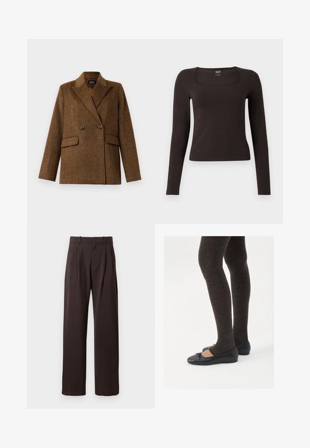 Brūns divrindu vilnas žakets ar plašām atlokām, divām priekšējām kabatām ar flap un pogu aizdari, izstādīts uz vienkārša balta fona.; Melnas garās piedurknes, pieguļošs tops ar kvadrātveida apkakli, ar uzrakstu GAP, novietots uz baltā fona.; Brūni, plekti bikses ar taisnu kāju dizainu. Izgatavotas no gludas auduma, ar jostu cilpām un sānu kabatām.; Melnas plakano formas kurpes ar mazu loku uz pirksta, apvienotas ar tumši brūnām ribotām zeķubiksēm. Kurpēm ir gluda tekstūra un zems profils.
