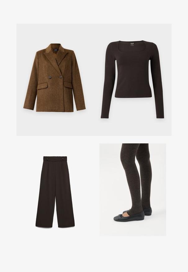 Brun dobbeltradet ullblazer med brede reversible slag, to frontlommer med klaff og knappelukking, vist på en ensfarget hvit bakgrunn.; Svart langermet, tett topp med firkantet hals, merket GAP, vist på en hvit bakgrunn.; Vide bukser i mørkebrunt stoff, med høy midje, to frontlommer og to knapper foran for lukking. Jevn tekstur.; Sorte flate sko med en liten sløyfedetalj på tåen, kombinert med mørkebrune ribbede strømpebukser. Skoene har en glatt overflate og lav profil.