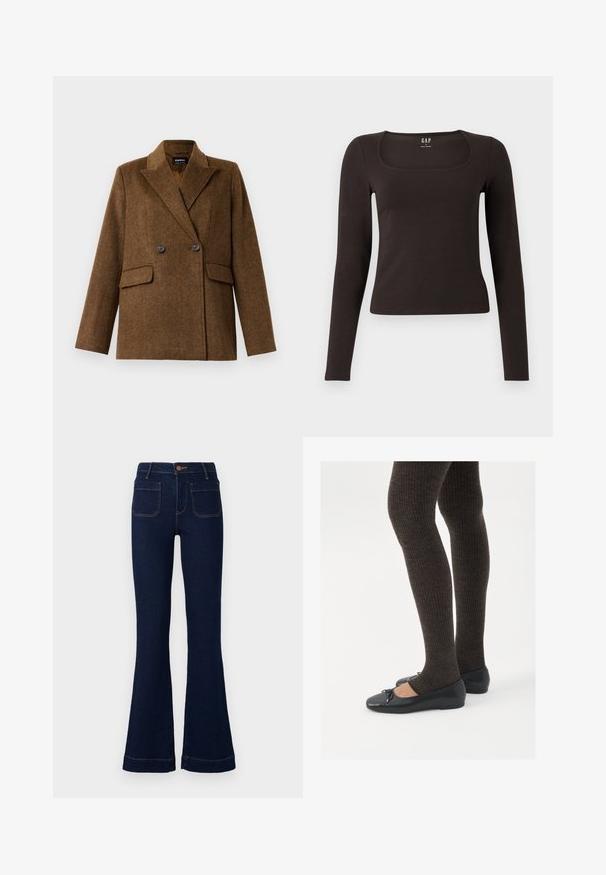 Blazer de lã castanho, de dois botões, com lapelas largas, duas bolsas frontais com aba e fecho de botão, exibido sobre um fundo branco liso.; Top preto de mangas longas, ajustado, com decote quadrado, da marca GAP, exibido sobre um fundo branco.; Jeans de lavagem azul escura com corte flared, cintura alta, cinco bolsos e costura contrastante. Feitos de tecido de denim com uma textura suave.; Sapatos planos pretos com um pequeno laço na ponta, emparelhados com meias-calças caneladas castanhas escuras. Os sapatos têm uma textura suave e um design discretamente baixo.