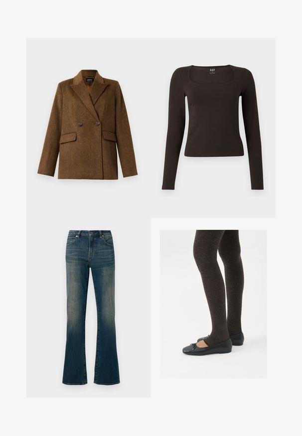 Rjav dvoredni volneni suknjič s širokimi klapnicami, dvema sprednjima žepoma s poklopcem in zapiranjem na gumb, prikazan na enobarvni beli podlagi.; Črn dolg rokav, prilegajoča majica s kvadratnim izrezom, označena z GAP, prikazana na belem ozadju.; Svetlo modri flare kavbojki z rahlo zbledelim videzom, pet pocket zasnovo, gumbnim zapiranjem in šivanim detajlom ob šivih.; Črne ravne čevlje z majhnim lokom na prstih, v kombinaciji s temno rjavimi rebrastimi nogavicami. Čevlji imajo gladko teksturo in nizko obliko.