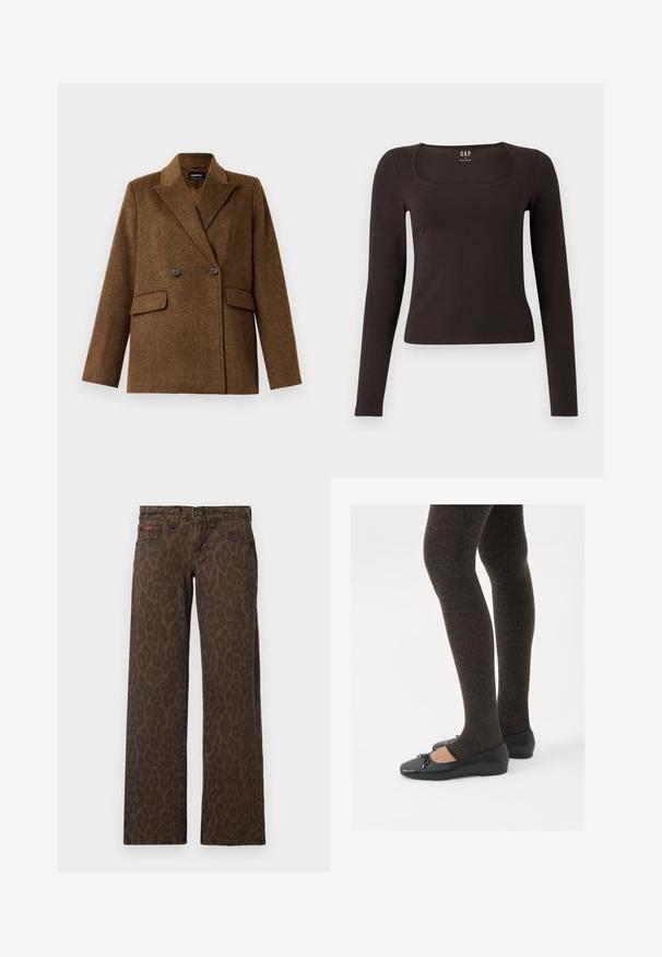 Hnedý dvojradový vlnený blejzer so širokými klopami, dvoma prednými vreckami s chlopňami a zapínaním na gombíky, zobrazený na čistom bielom pozadí.; Čierny priliehavý top s dlhým rukávom a štvorcovým výstrihom, označený značkou GAP, zobrazený na bielom pozadí.; Hnedé džínsové nohavice s leopardím vzorom a rovnými nohami, obsahujúce zapínanie na gombík a jemné červené logo na prednej strane. Mäkka denim textúra.; Čierne ploché topánky s malou mašľou na špičke, v kombinácii s tmavohnedými rebrovanými pančuchami. Topánky majú hladký povrch a nízky profil.