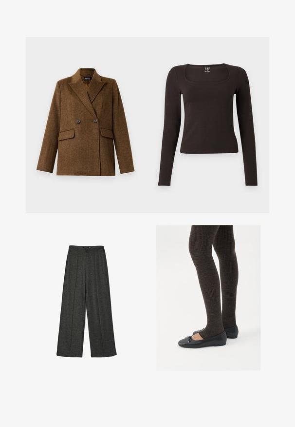 Blazer de lana marrón de doble botonadura con solapas anchas, dos bolsillos delanteros con solapa y cierre de botón, exhibido sobre un fondo blanco liso.; Top negro de manga larga, ajustado, con escote cuadrado, etiquetado como GAP, presentado sobre un fondo blanco.; Pantalones de pierna ancha en gris oscuro, confeccionados con un tejido texturizado, que presentan una cintura alta y dos pliegues frontales para un detalle de diseño adicional.; Zapatos planos negros con un pequeño lazo en la punta, combinados con medias de punto en marrón oscuro. Los zapatos tienen una textura suave y un perfil bajo.