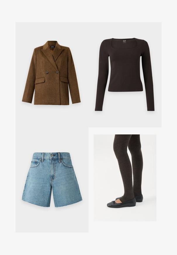 Hnědý dvouřadý vlněný blazer se širokými klopami, dvěma předními kapsami s klopou a zapínáním na knoflík, vystavený na jednobarevném bílém pozadí.; Černý dlouhý rukáv, přiléhavý top se čtvercovým výstřihem, označený značkou GAP, vystavený na bílém pozadí.; Džínové šortky světle modré barvy, s vysokým pasem, pěti kapsami a nezpracovaným lemem. Vyrobené z texturované bavlněné tkaniny s klasickým designem.; Černé ploché boty s malou mašlí na špičce, kombinované s tmavě hnědými žebrovanými punčochami. Boty mají hladký povrch a nízký profil.
