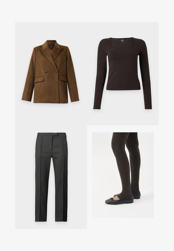 Brun dobbeltradet ullblazer med brede reversible slag, to frontlommer med klaff og knappelukking, vist på en ensfarget hvit bakgrunn.; Svart langermet, tett topp med firkantet hals, merket GAP, vist på en hvit bakgrunn.; Mørk grå skreddersydde bukser med press foran, beltehemper og skjult frontåpning, vist mot en hvit bakgrunn.; Sorte flate sko med en liten sløyfedetalj på tåen, kombinert med mørkebrune ribbede strømpebukser. Skoene har en glatt overflate og lav profil.