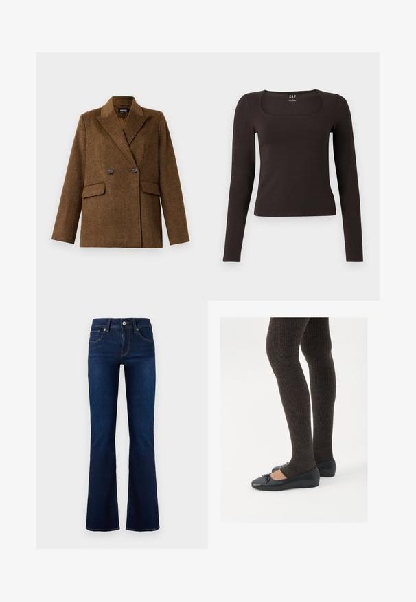Brown double-breasted wool blazer with wide lapels, two front flap pockets, and button closure, displayed on a plain white background.; Black long-sleeve, fitted top with a square neckline, labeled GAP, displayed on a white background.; Dark blue denim flared jeans with a mid-rise waist, front pockets, and contrasting stitching. Features a metal button closure and belt loops.; Black flat shoes with a small bow detail at the toe, paired with dark brown ribbed tights. Shoes have a smooth texture and low profile.